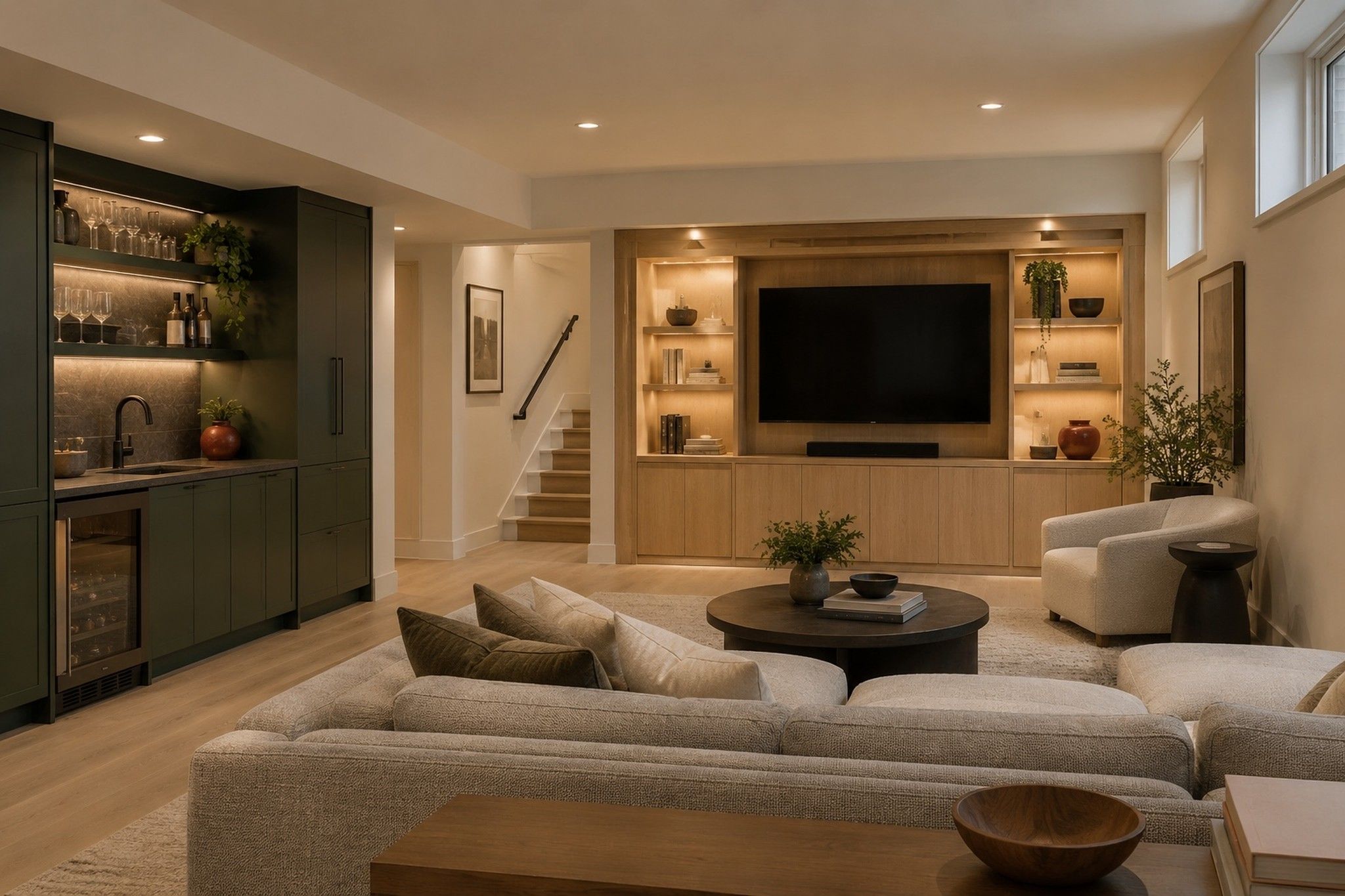 The same basement finished: evergreen wet bar, oak media wall, recessed lighting, finished stair and a gray sectional sofa