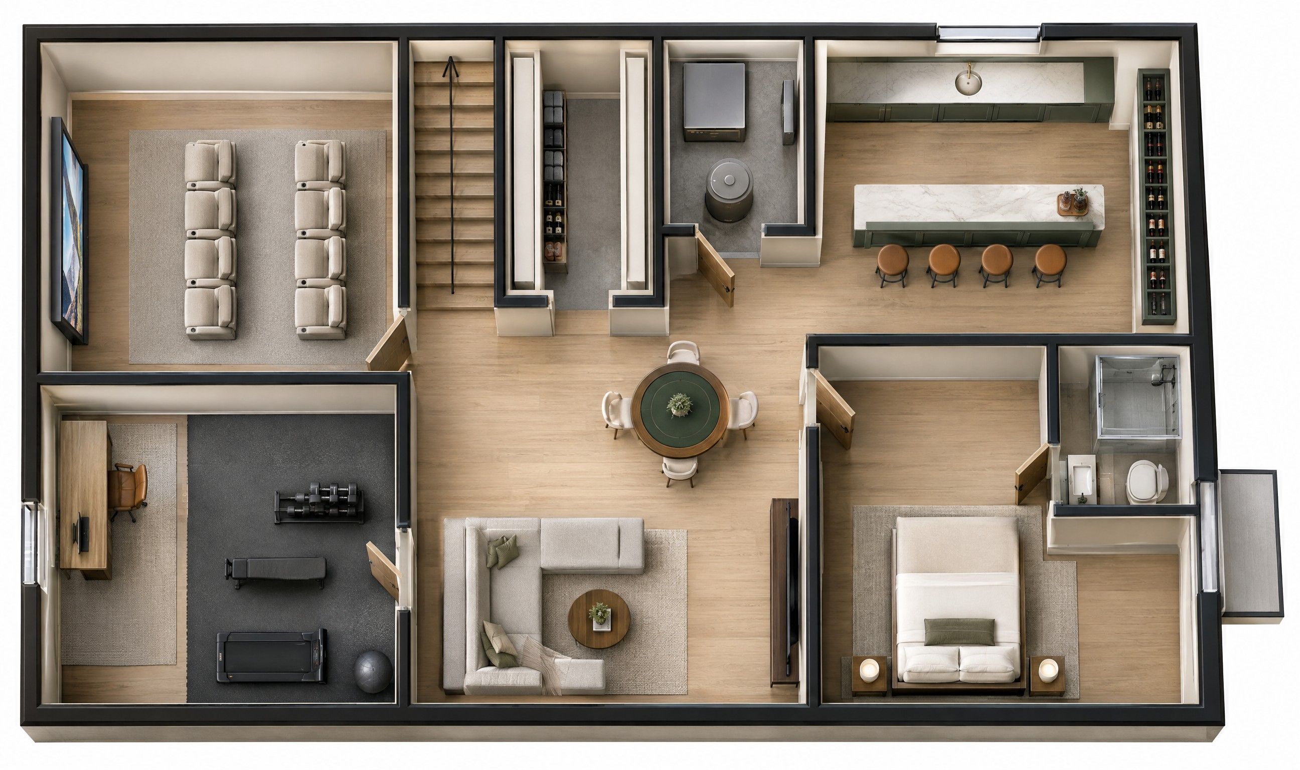 Illustrative top-down rendering of a finished basement with a home theater, wet bar, guest suite, office and gym, family lounge, storage and mechanical room