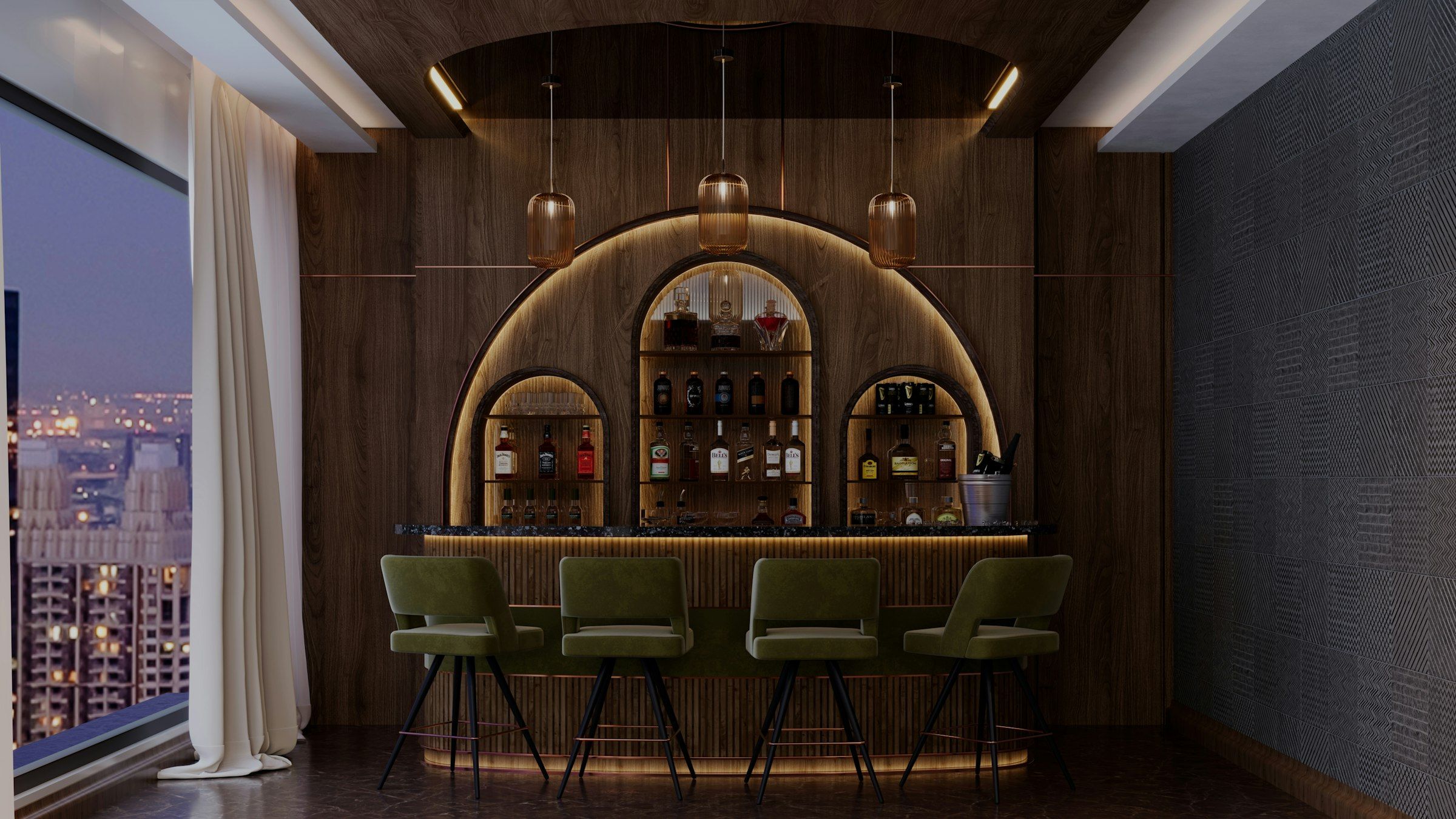 A finished home bar with lit shelving behind an arched surround and green stools