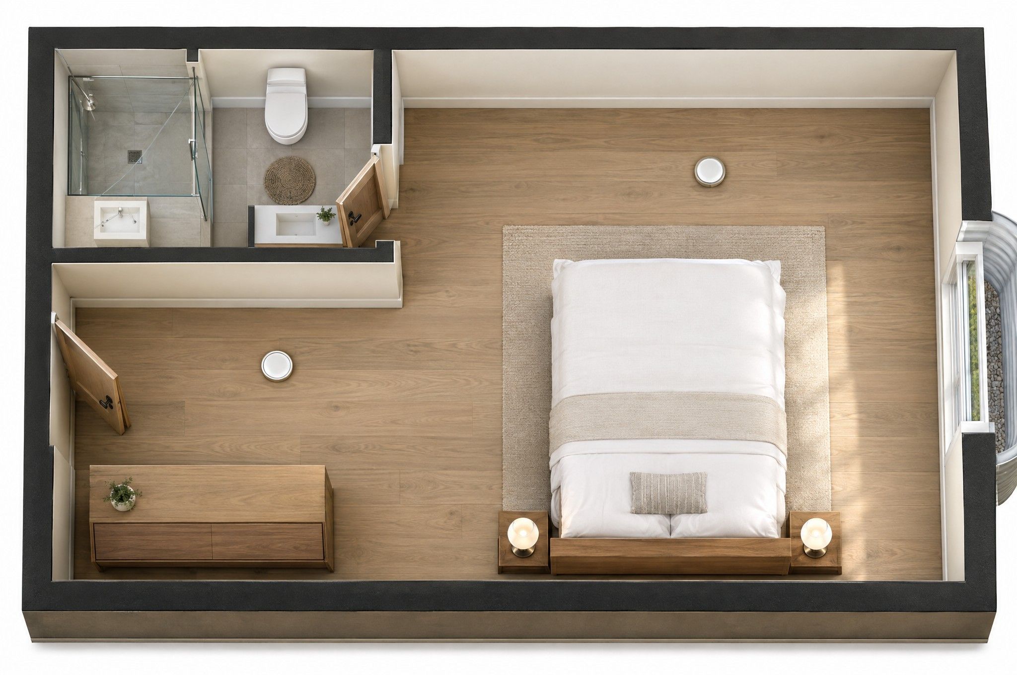 Top-down rendering of a basement guest suite: bathroom with glass shower in one corner, a queen bed against the far wall and a large egress window with a window well