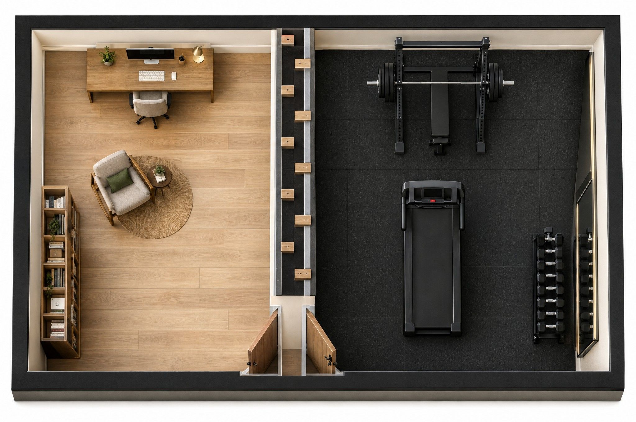 Top-down rendering of a basement office beside a home gym, separated by a thick staggered-stud wall; the gym has rubber flooring, a power rack, a treadmill and a mirror wall