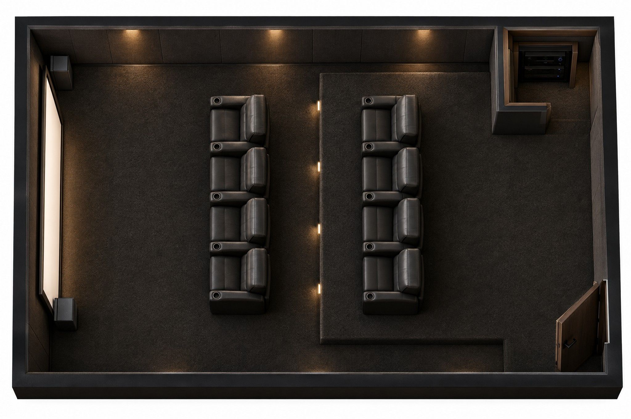 Top-down rendering of a basement home theater: screen wall on the left, two rows of four dark leather recliners, the back row on a carpeted riser, and an equipment closet in the corner