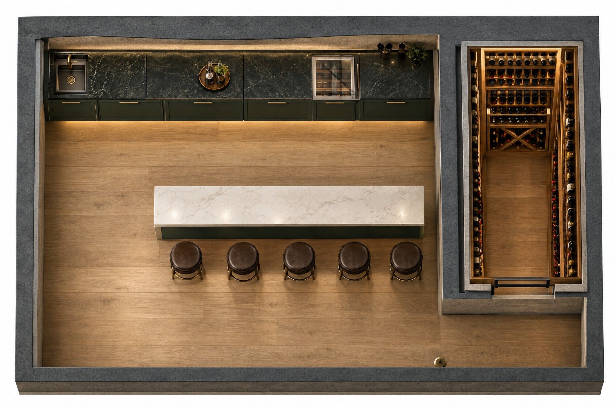 Top-down rendering of a basement wet bar: evergreen cabinets with a dark stone top along the foundation wall, a white stone bar with five stools and a glass-fronted wine room